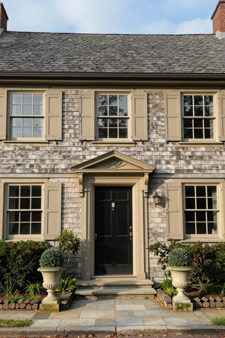 Gray shingle-sided two-story colonial house with beige shutters, multi-pane windows, pedimented black front door, stone urn planters with topiary, and stone steps on a paved walkway.