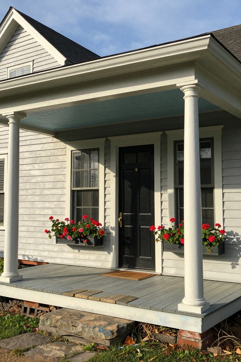 Gray clapboard colonial house with white fluted columns supporting a porch ceiling, black front door between windows, red geraniums in metal window boxes, and stone steps leading to a gray wood porch floor.