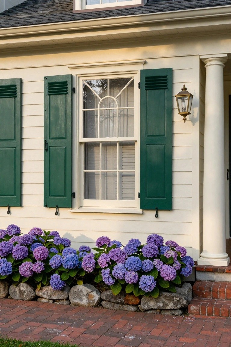Cream clapboard colonial house exterior featuring dark green louvered shutters flanking a tall double-hung window with arched transom, brass lantern light beside a white column, purple hydrangea bushes in a stone-edged bed, and brick walkway.