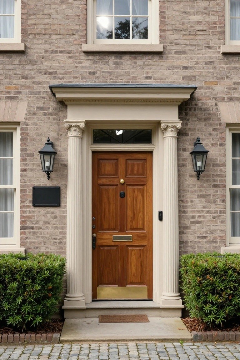 Beige brick house exterior with a paneled mahogany front door under a white portico supported by two fluted columns, black lanterns flanking the door, a brass letterbox, and low shrubs at the base on a cobblestone path.