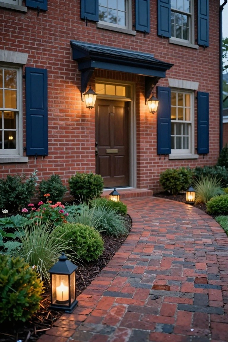 Brick colonial house exterior at dusk with blue shutters, wood front door under a portico, brick pathway edged by gardens and lit black lanterns.