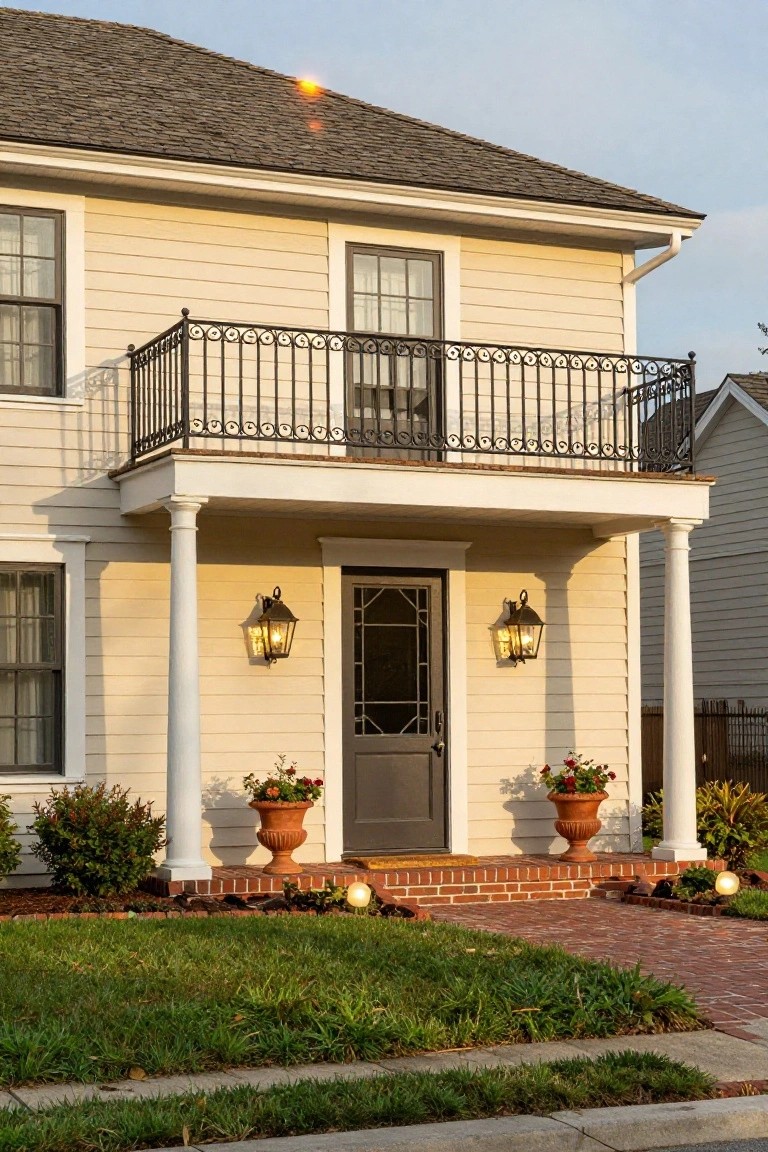 Beige two-story house with gray shingle roof, upper wrought-iron balcony, front porch supported by paired white columns, wall-mounted lanterns, potted plants flanking dark entry door, brick steps, and lawn edging the sidewalk.