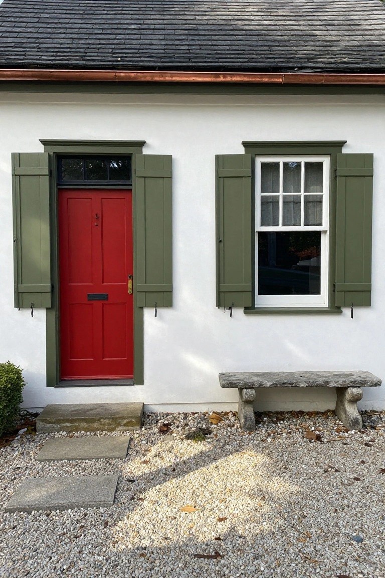 White colonial house exterior with green shutters on a red front door and adjacent window, stone steps leading to the door, a stone bench nearby, and gravel ground.