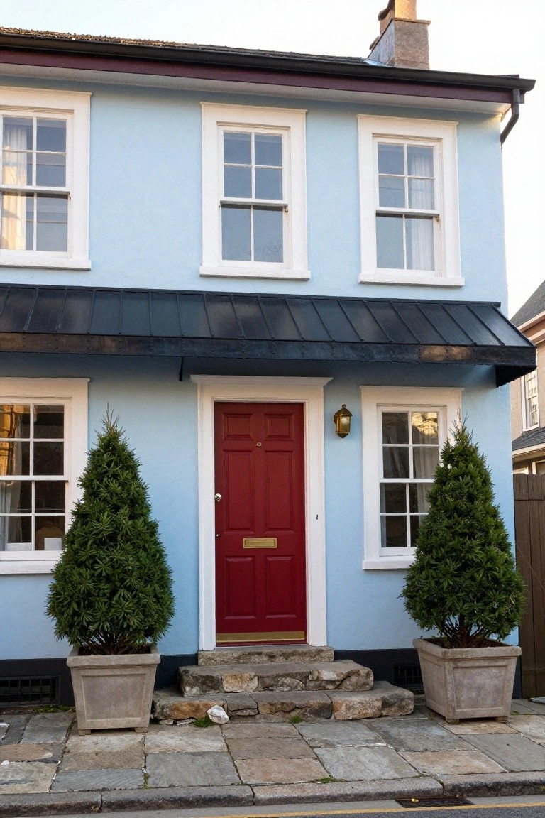 A two-story light blue house with white window frames, red front door under a black metal awning, potted evergreen trees on either side of stone steps, and a cobblestone path in front.