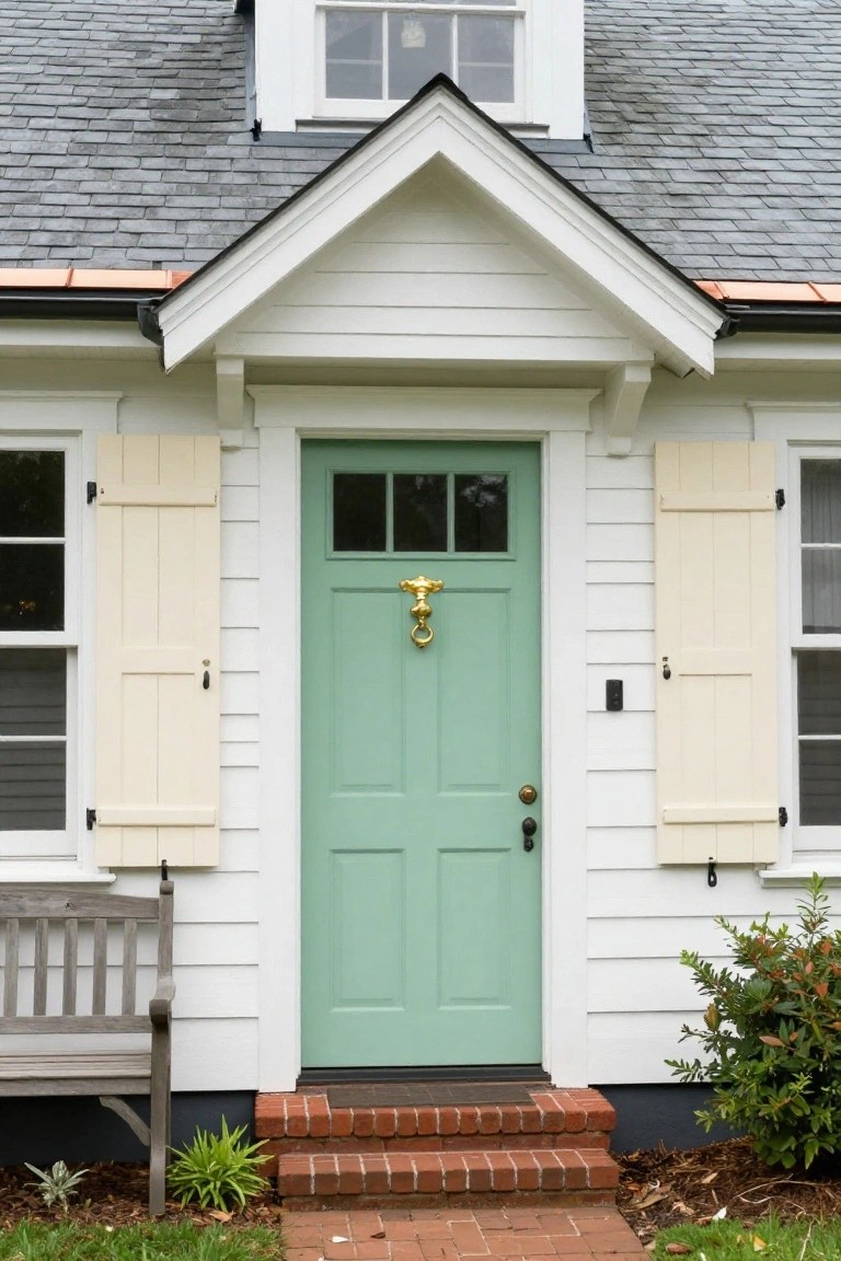 White clapboard house exterior with teal front door featuring brass knocker, beige shutters on windows, wooden bench, brick steps, and low plantings.