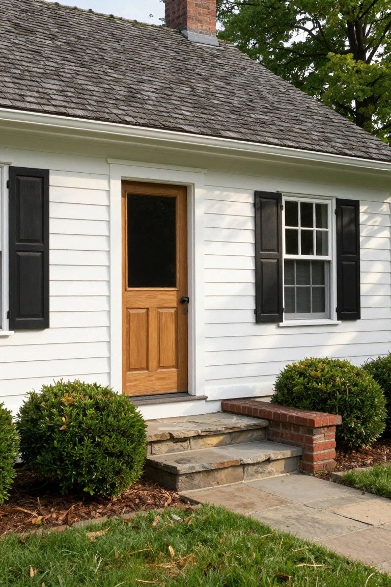 White clapboard colonial house with dark gray shingle roof, oak paneled front door with glass panels, black shutters on windows, stone steps with brick accents, and boxwood shrubs in the front yard.