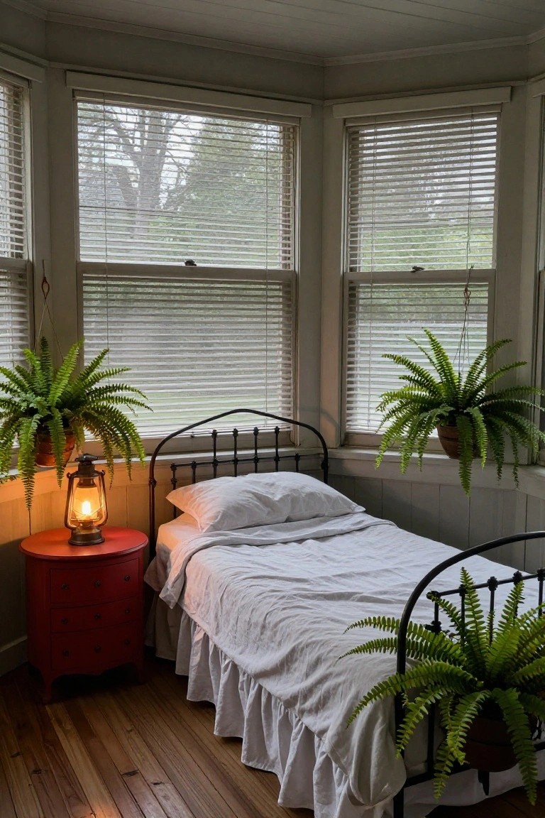 Small bedroom in a bay window nook with black iron bed dressed in white sheets, hanging potted ferns near windows and bed, red wooden nightstand holding a lit lantern, light blinds on three windows, and hardwood floors.