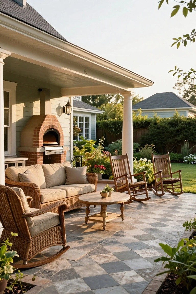 Colonial house exterior showing a covered porch with wicker sofa, rocking chairs, and coffee table on checkered tile patio next to a brick pizza oven, with plants and garden in the background.
