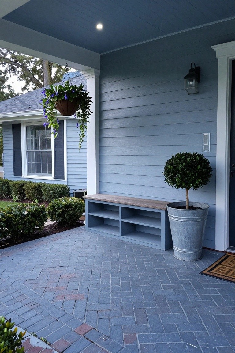 Blue-sided house front porch with built-in gray bench featuring open shelves underneath, potted boxwood in galvanized bucket, hanging purple flowers, wall lantern, and herringbone blue brick paver floor.