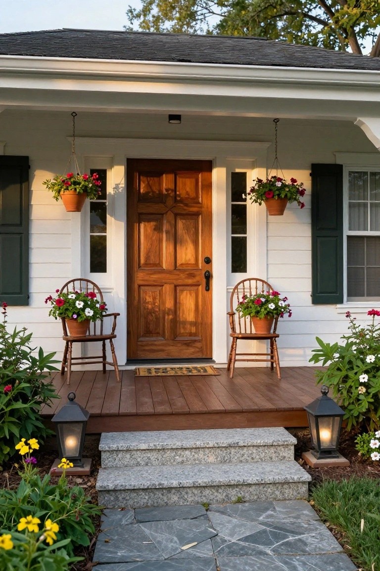 White clapboard house with green shutters and a dark wooden paneled front door under a covered porch, flanked by two wooden armchairs with potted pink flowers on the seats, hanging flower baskets, porch lanterns, stone steps, flagstone path, and surrounding garden plantings.