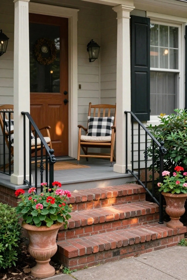 Front porch on a white-sided house with wood door, two wooden rocking chairs with checkered cushions, black iron railings, brick steps, and terracotta pots of red geraniums on either side.