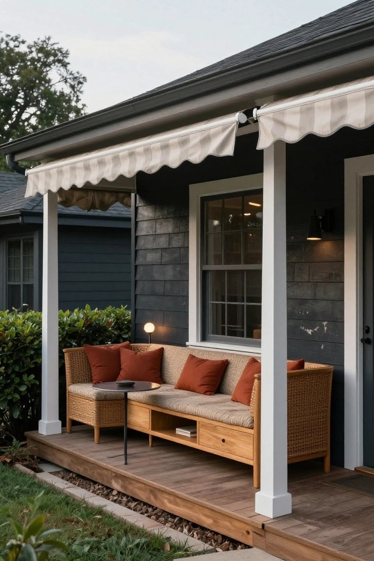 Dark shingled house exterior with white columns supporting a porch, beige striped awning overhead, woven rattan loveseat and chairs with rust cushions, wooden side table, shrubs, and wood deck.