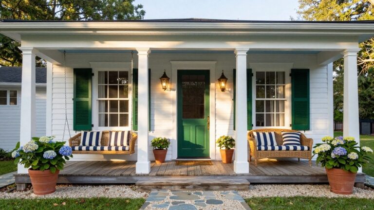 White colonial house with green shutters and a covered porch featuring white columns, blue ceiling, hanging swing with striped cushions, large terracotta pots of blue hydrangeas, gray deck, stone steps, and surrounding lawn and trees.