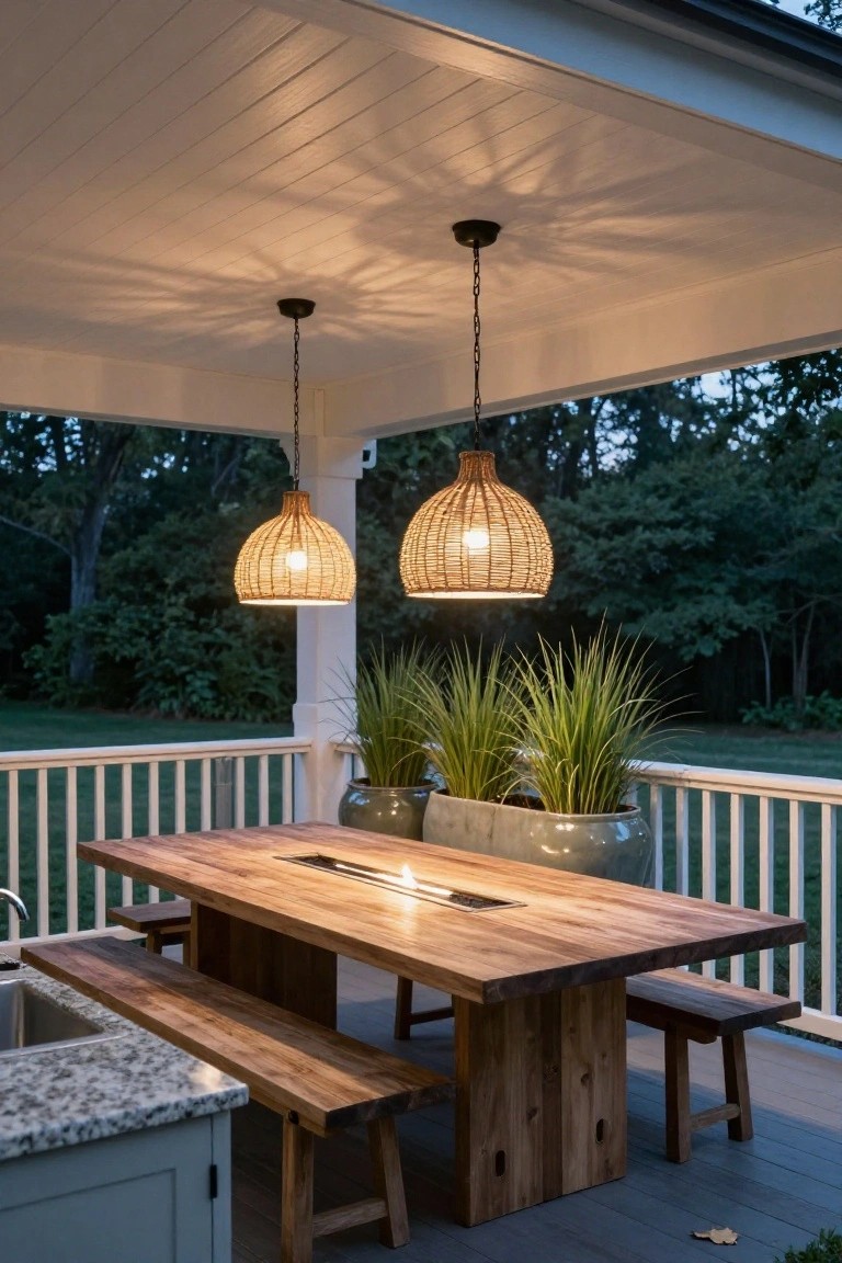 Covered wooden porch with a long rectangular dining table featuring a central linear fire pit, flanked by wooden benches, two hanging rattan pendant lights, large ceramic planters with grasses, an outdoor sink on a gray countertop, white shiplap ceiling, and railing overlooking greenery.