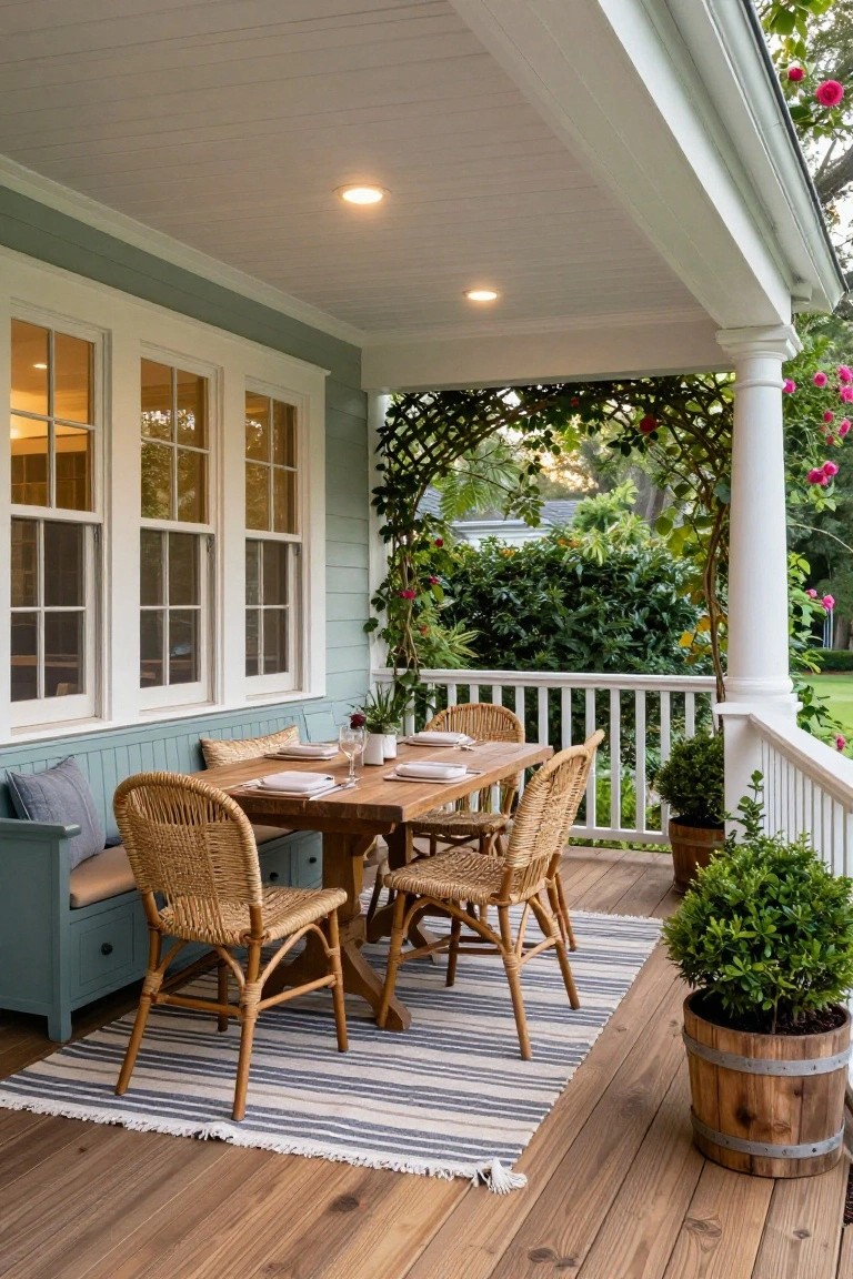Covered porch with teal built-in bench seating, wicker chairs around rectangular wooden dining table set with white plates and wine glasses, potted plants, white columns and railing on wooden deck next to house with light blue siding and triple windows.