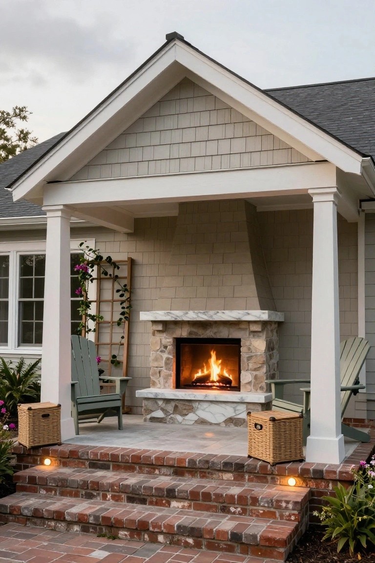 A covered porch on a shingle-sided house with white columns, featuring a lit stone outdoor fireplace flanked by two green Adirondack chairs with wicker baskets on the sides, brick steps leading up, and plants nearby.