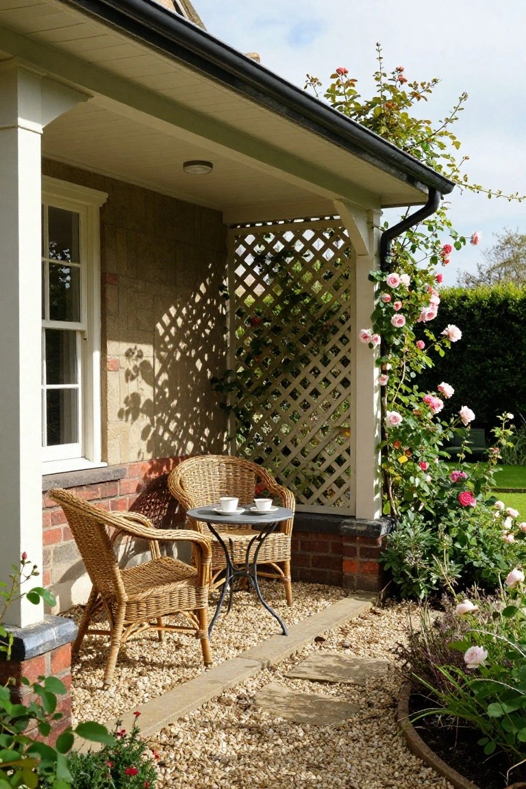 Corner of a beige brick house under a covered porch with two wicker chairs and a small metal table holding teacups, pink climbing roses on a white lattice trellis, gravel patio, stone path, and garden beds.