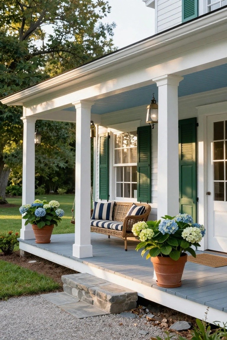 White colonial house with green shutters and a covered porch featuring white columns, blue ceiling, hanging swing with striped cushions, large terracotta pots of blue hydrangeas, gray deck, stone steps, and surrounding lawn and trees.