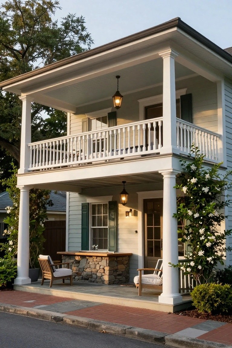 Two-story light green clapboard house with white columns and wraparound porches, lower porch showing stone bar counter with sink, two wooden armchairs, lanterns, and climbing white flowers on columns.