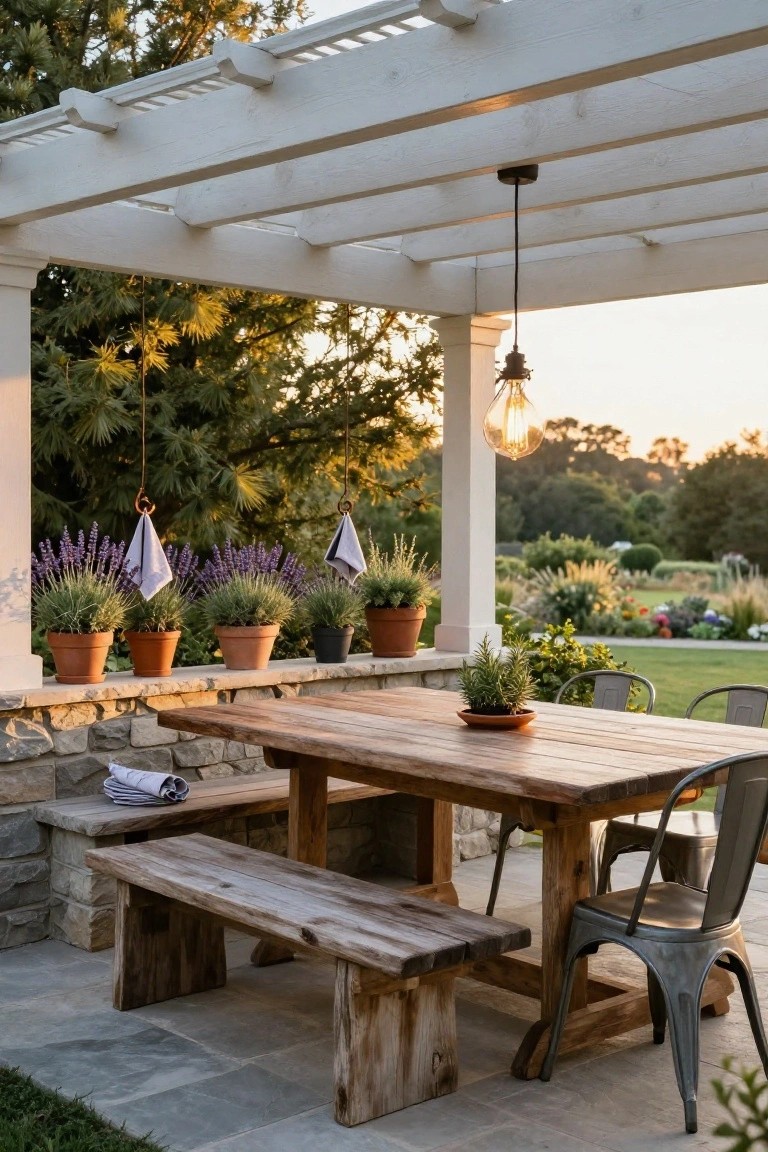 Rustic wooden table with benches and metal chairs on a stone patio under a white pergola, potted plants on a stone ledge, hanging bulb light, and garden background at dusk.