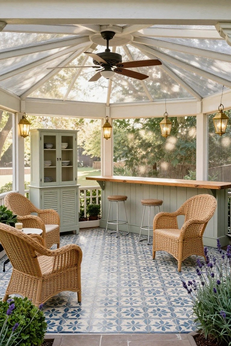 Octagonal screened porch with glass-paneled roof, wooden bar counter with stools, wicker chairs, greenish cabinet, blue patterned tile floor, potted plants, and hanging lanterns.