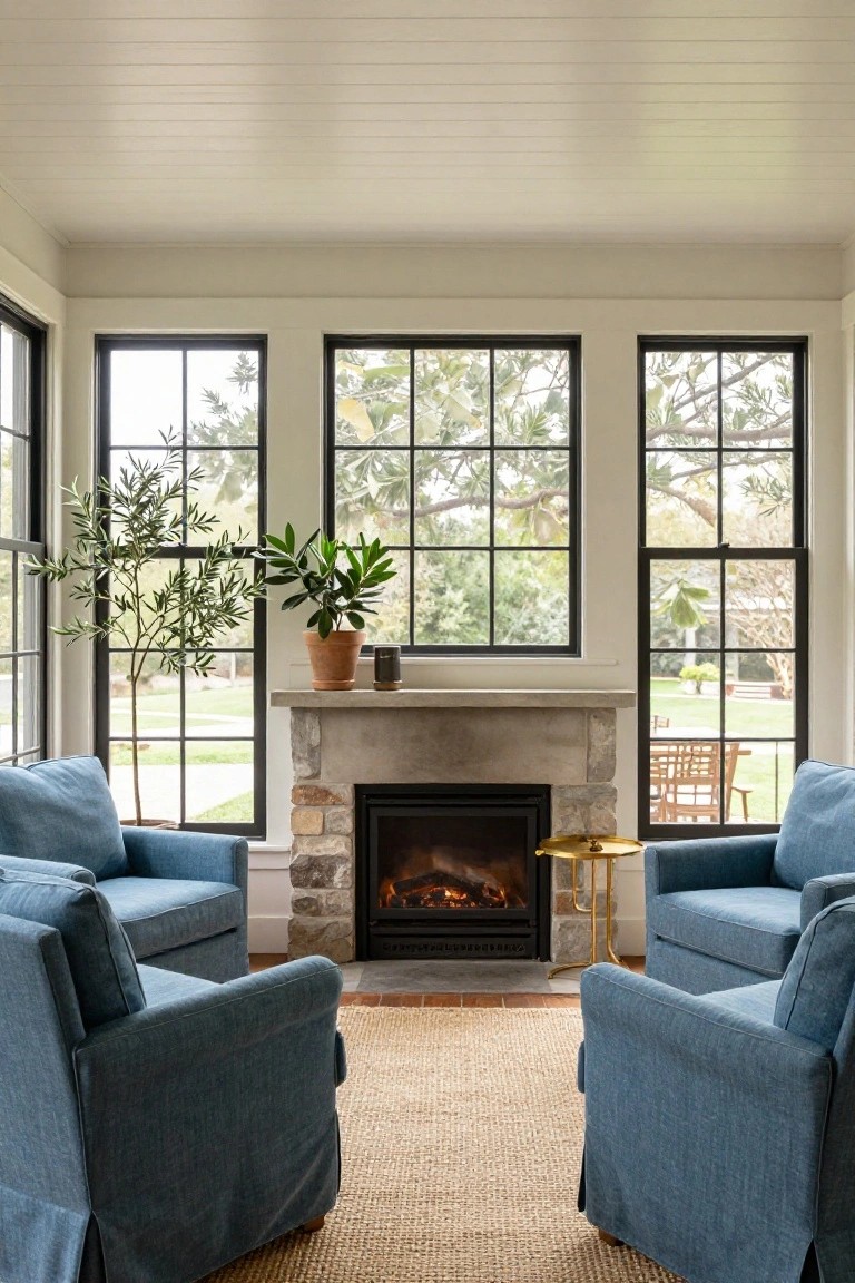 Sunroom interior with large black-framed windows showing garden views, a stone fireplace with gas flames, two blue slipcovered armchairs on a seagrass rug, potted olive tree and plants, and a gold side table.