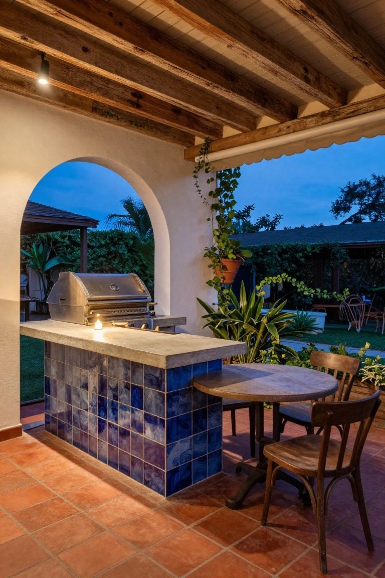 Covered outdoor patio featuring a stainless steel grill built into a concrete counter with blue patterned tiles on the base, a wooden round table with two chairs, potted plants, wooden beamed ceiling, arched white stucco opening to a garden, and terracotta floor tiles.