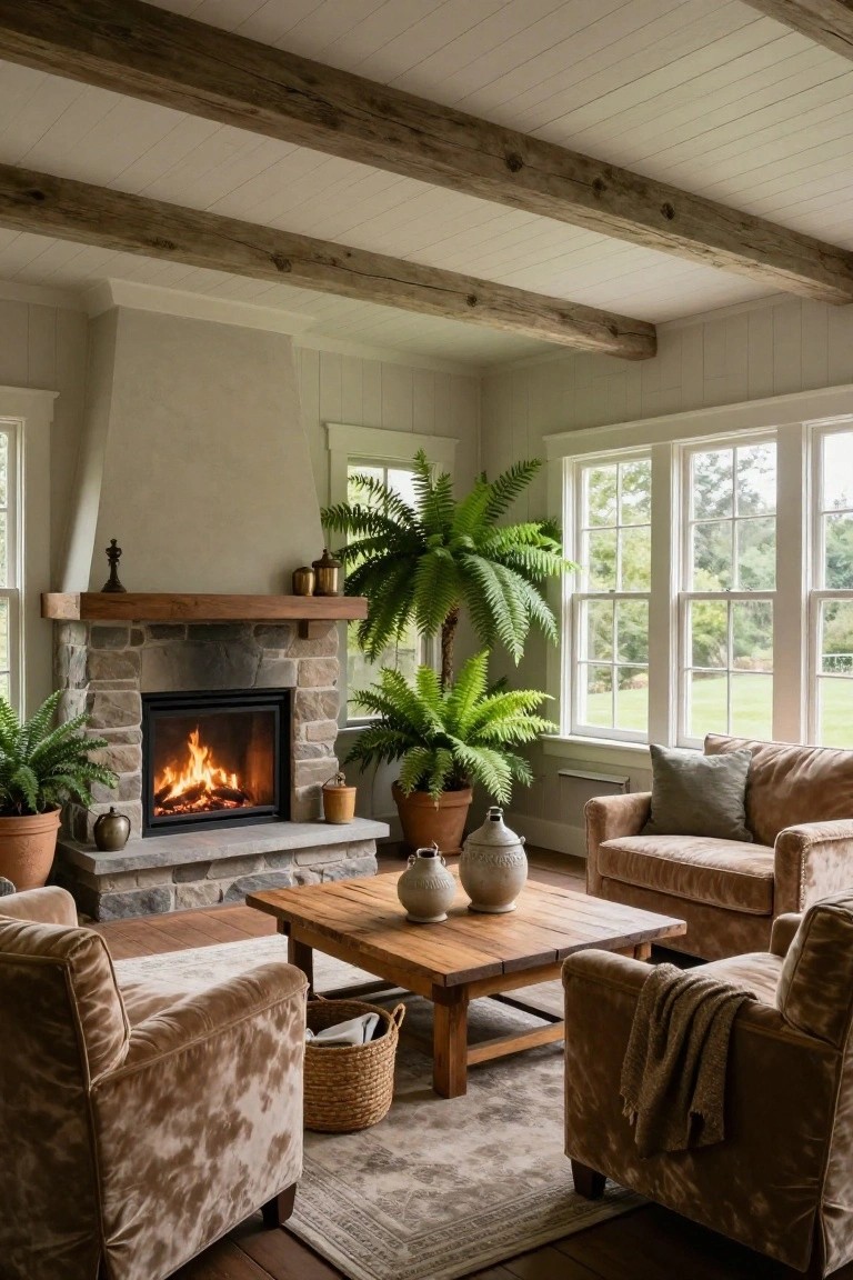 Living room interior with exposed dark wooden ceiling beams, stone fireplace with fire, large potted ferns flanking the hearth, two beige velvet armchairs, wooden coffee table, and large windows overlooking green yard and trees.