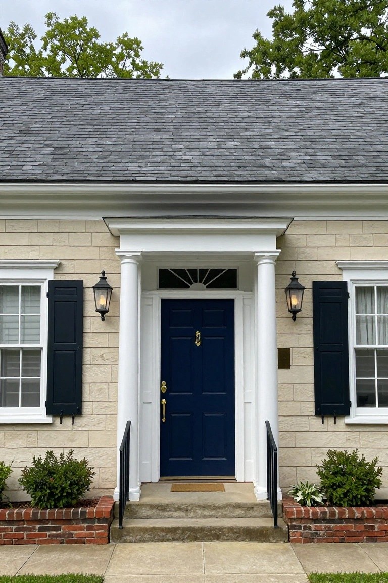 Colonial Revival house with beige coursed stone block siding, white portico and trim, navy blue front door with brass hardware, black shutters on flanking windows, lanterns, brick-edged planters, and concrete steps.