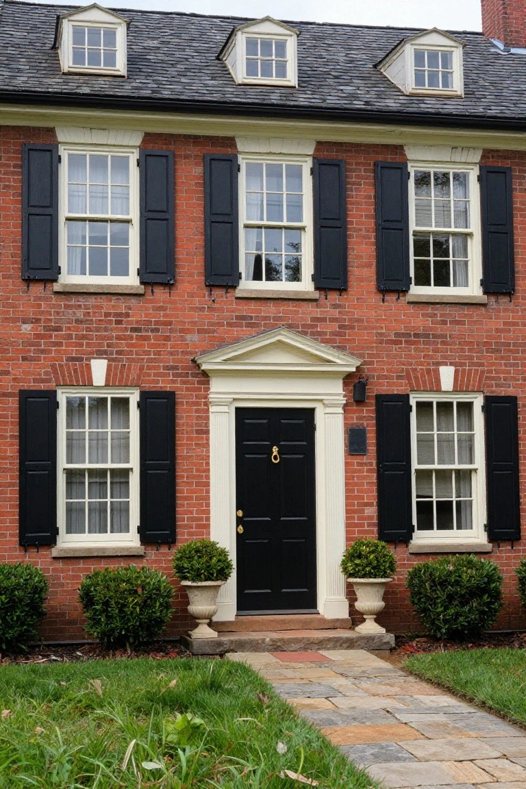Two-story red brick Colonial house with black shutters on multi-pane windows, white pedimented entry with black door, flanked by urns and boxwood shrubs, stone path leading to front lawn.