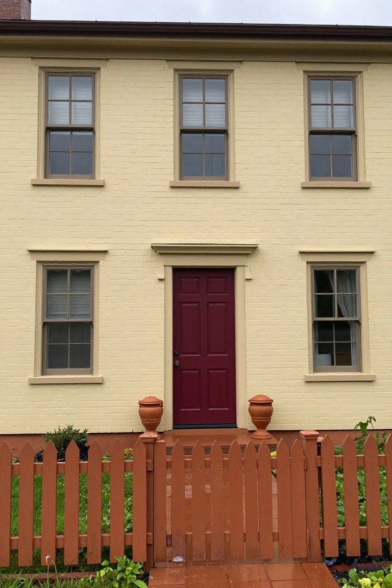 A two-story yellow brick colonial house with symmetrical multi-pane windows, white trim, red front door flanked by terracotta urns, and orange picket fence.