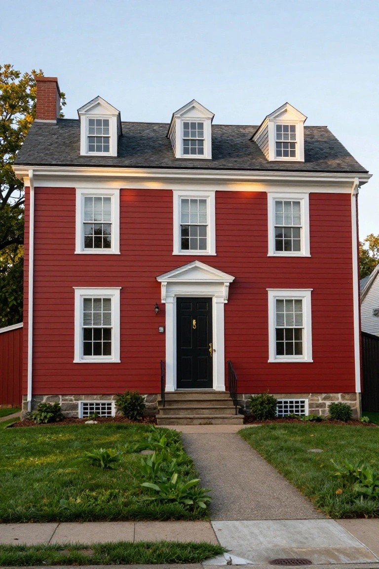 A two-story red clapboard house with white trim around multiple windows, three dormer windows on the roof, a central black front door with steps, stone foundation, and a front lawn with plants and a walkway.