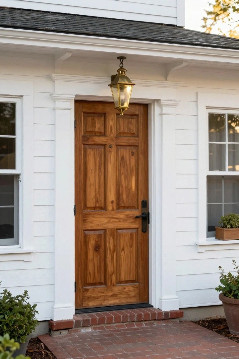 White clapboard house exterior centered on a six-panel wooden front door with brass lantern light above, flanked by multipane windows, brick entry steps, and potted plants nearby.