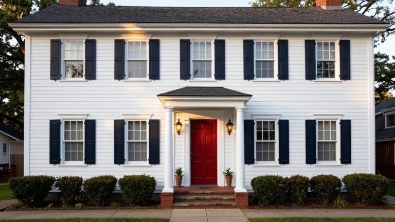 Two-story white clapboard Colonial house with navy blue shutters on multi-pane windows, red front door flanked by lanterns and columns, brick steps, boxwood shrubs, and trees.