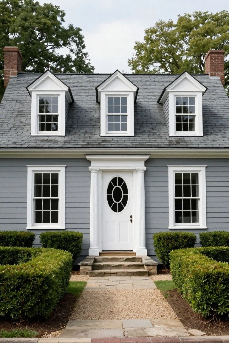 Gray clapboard-sided Colonial house with white trim, three dormer windows, paired columns framing an oval-topped door, stone steps, gravel path, boxwood shrubs, and trees in the background.