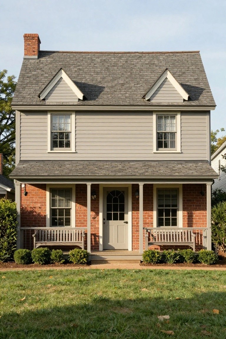 Two-story Colonial house with gray horizontal clapboard siding, red brick porch supports and base, gabled slate roof, symmetrical windows, front porch with benches, and boxwood shrubs in yard.
