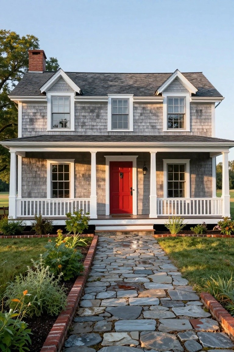 Two-story Colonial house with gray shingle siding, white trim and porch columns, red front door, brick chimney, and stone pathway through garden beds edged in brick.