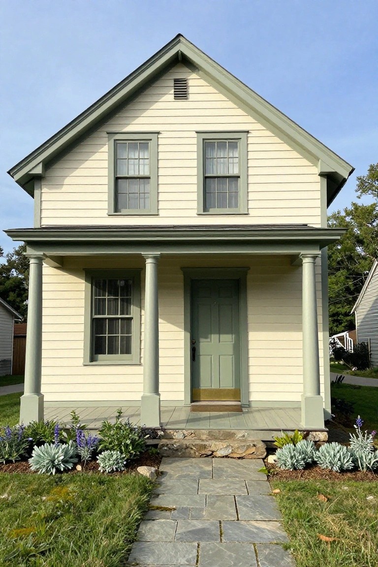 Two-story Colonial Revival house with pale horizontal clapboard siding, green window and door trim, covered front porch supported by columns, green front door, flanked by stone pathway and low plantings.