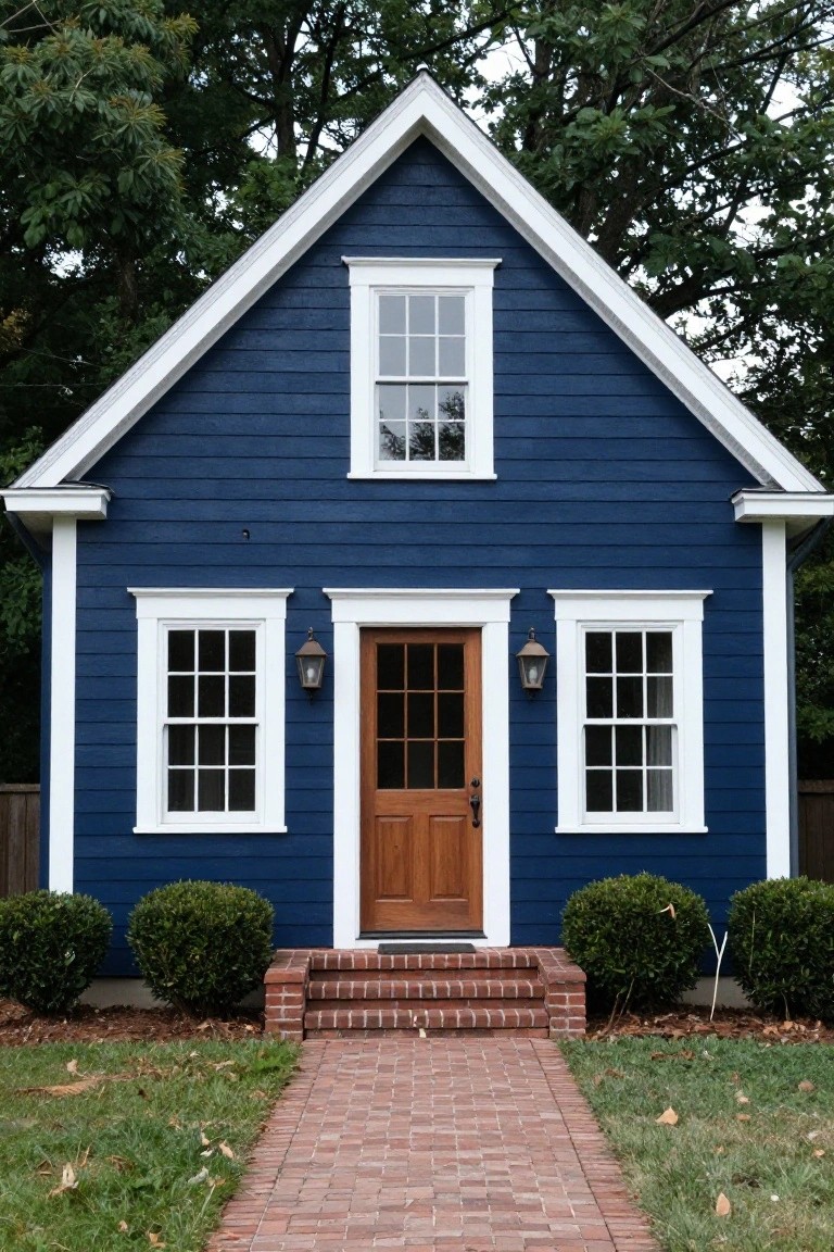 A small gabled Colonial house with navy blue clapboard siding, white trim around double-hung windows and door, a wooden front door with glass panels, flanked lanterns, brick steps, and a brick walkway with boxwood shrubs on a grassy lawn.