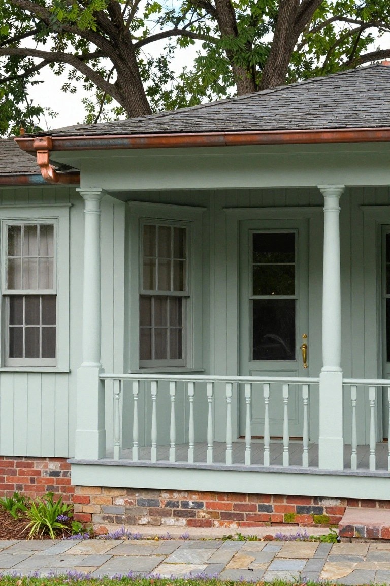 Colonial house exterior featuring pale green horizontal clapboard siding, white porch columns and railing, green front door with sidelights, copper gutters, slate roof overhang, brick foundation, and stone pathway with plants.