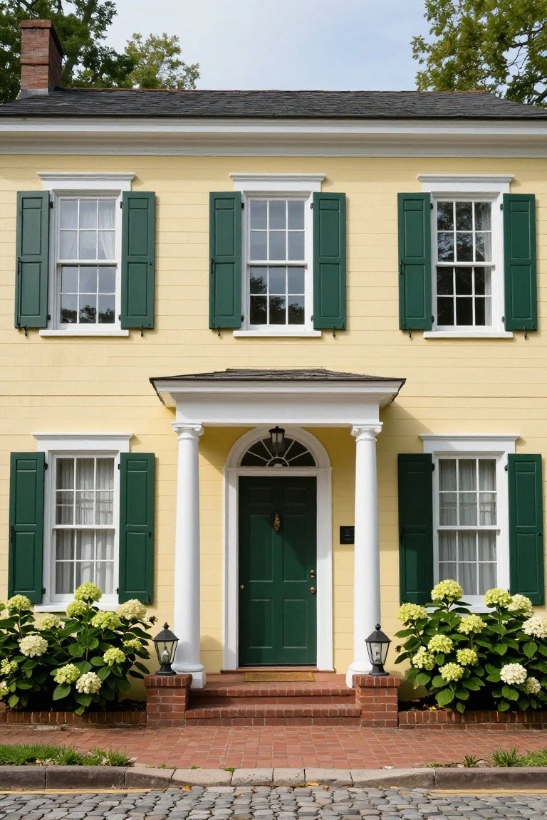 Two-story yellow clapboard house with green shutters on all windows, white trim, a portico with columns over a green front door, flanked by white hydrangea bushes and lanterns, brick steps, and a cobblestone street.