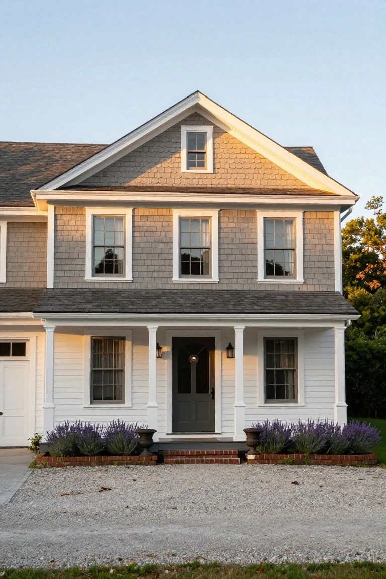 Gray shingle siding on the upper facade and gables of a two-story Colonial house, white clapboard on the covered front porch and base, symmetrical multi-pane windows, dark green front door, lavender plants in urns beside brick steps, gravel driveway.