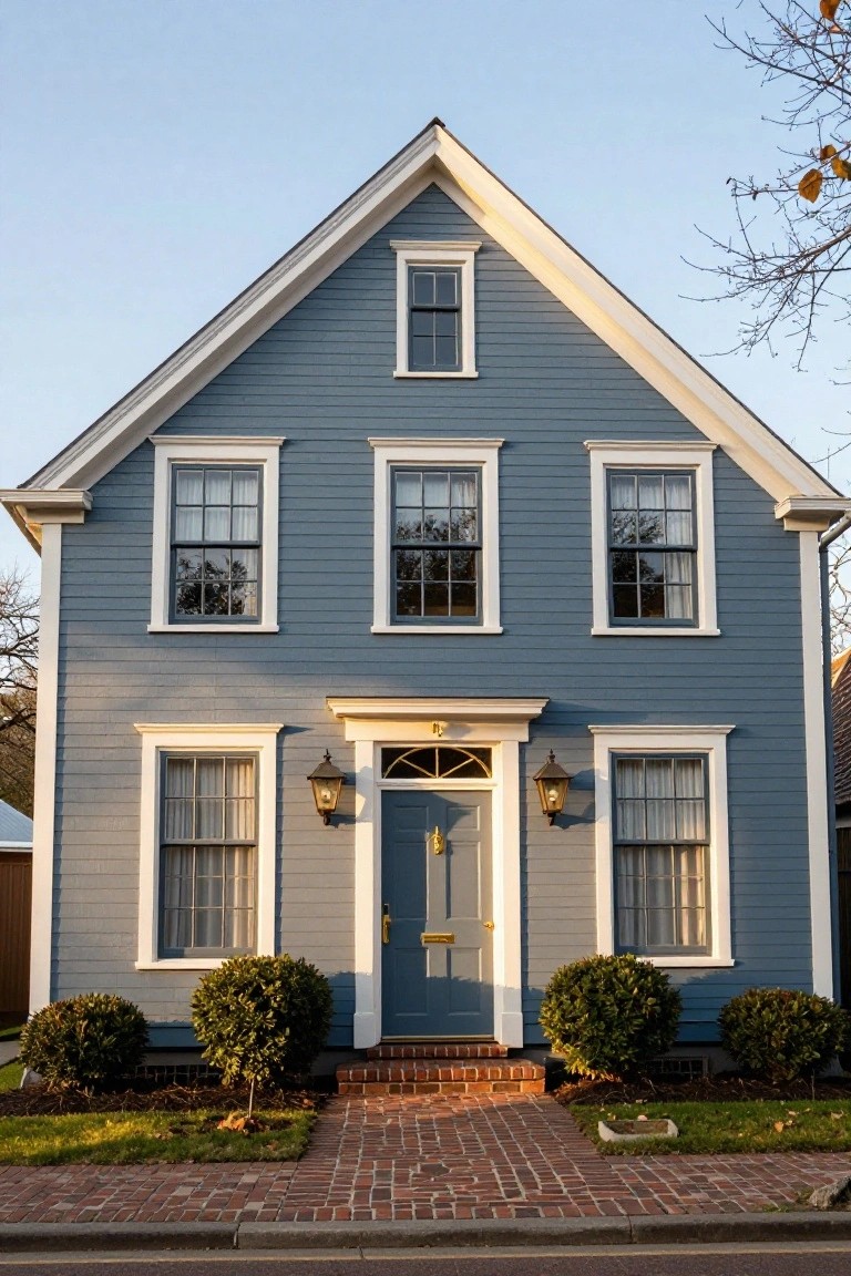 A two-story colonial house painted light blue clapboard siding with white trim, multi-pane windows, centered blue front door with brass hardware and lanterns, flanked by boxwood shrubs, brick entry path, and small front lawn.