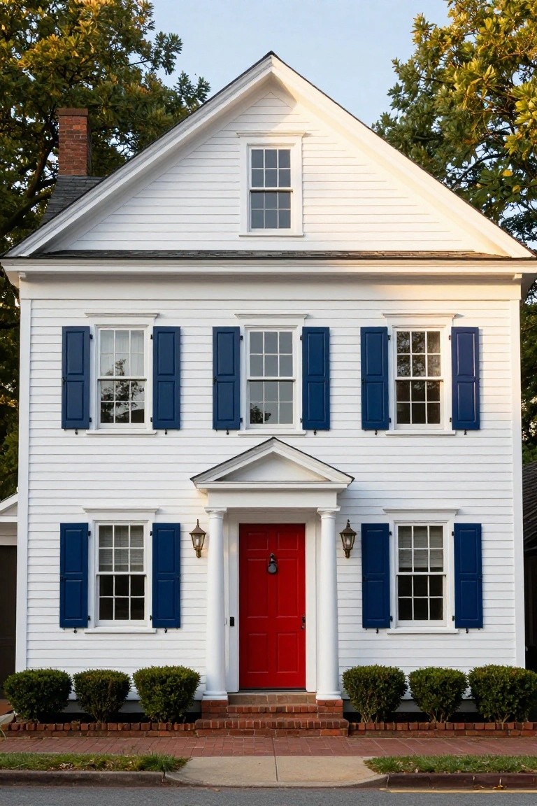 Two-story white clapboard Colonial house with navy blue shutters on multi-pane windows, red front door flanked by lanterns and columns, brick steps, boxwood shrubs, and trees.