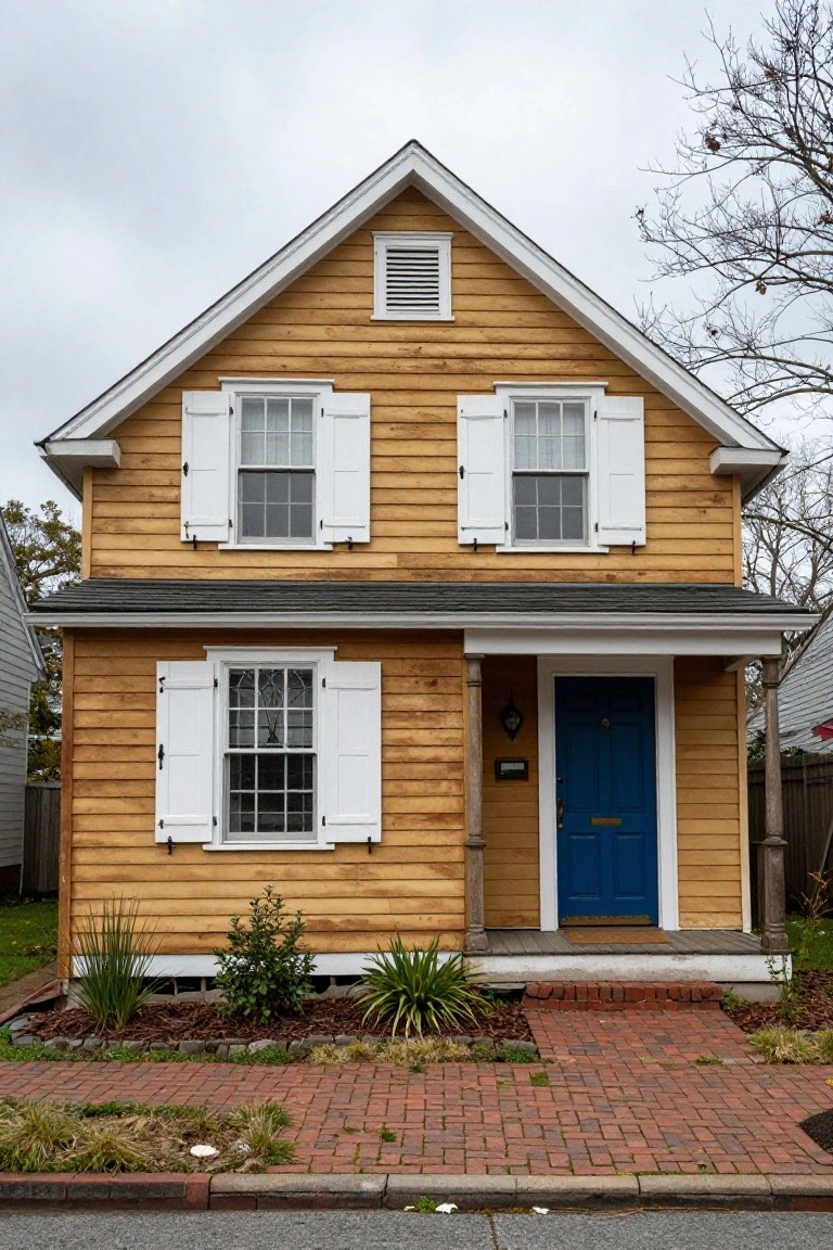 Front exterior of a two-story Colonial-style house with golden horizontal wood siding, white shutters on windows, blue front door with brass knocker, small covered porch, and brick pathway leading to the street.