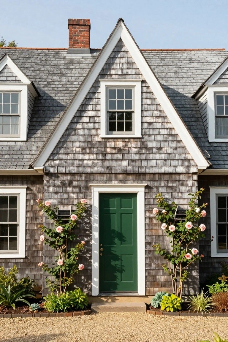 Colonial-style house facade with gray shingle siding, white trim, green front door flanked by pink climbing rose bushes, and gravel path in front.