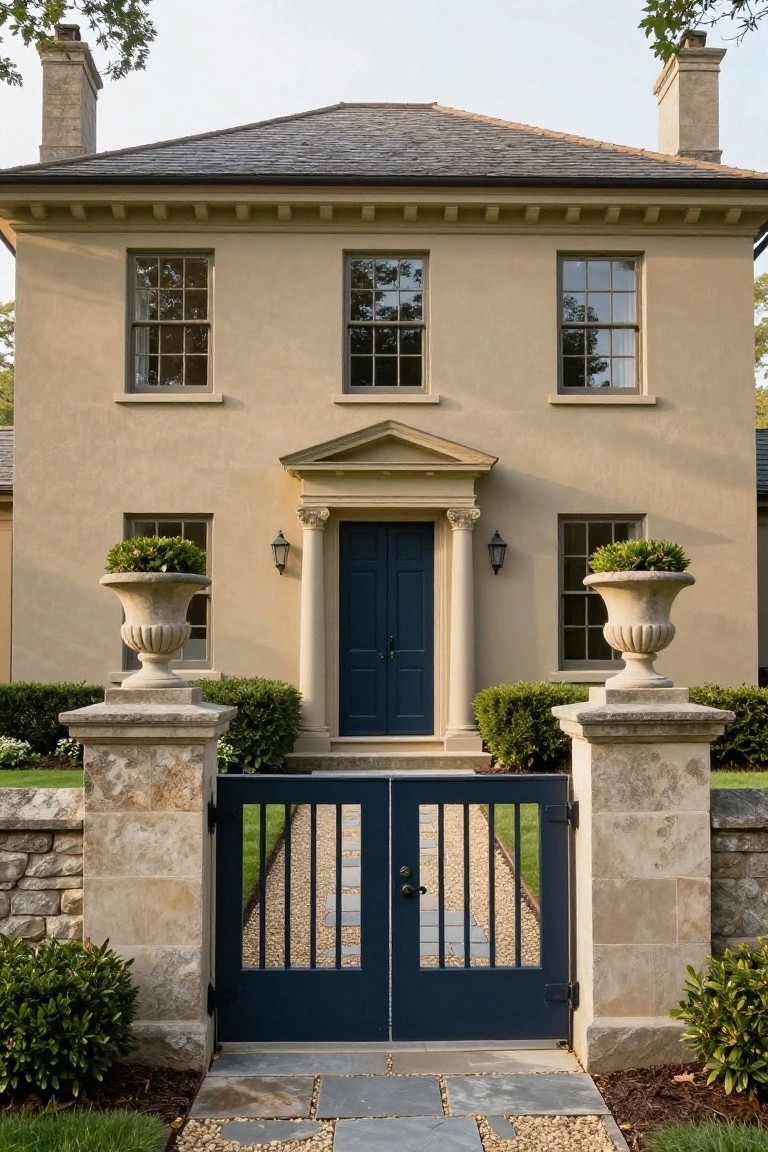 Two-story beige stucco colonial house with dark blue front door in a pedimented entry porch, flanked by stone pillars topped with urns containing plants, navy iron gate in limestone walls, and boxwood shrubs.