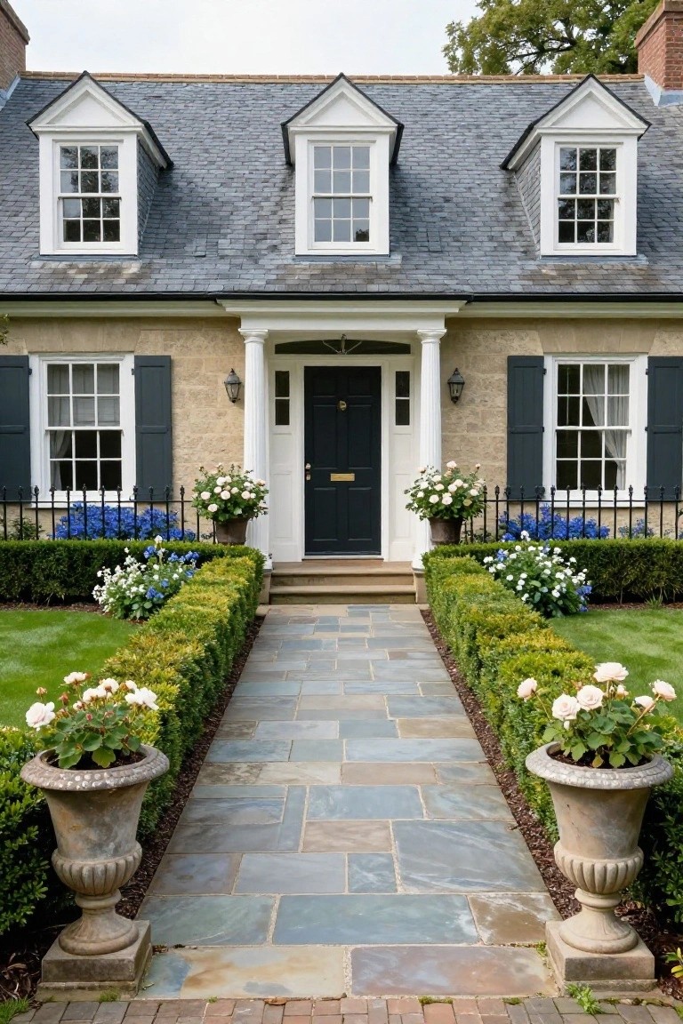 Front view of a two-story Colonial house with tan stone walls, slate roof, white dormer windows, dark green shutters, black front door, and symmetrical boxwood hedges with flower urns along a stone path.