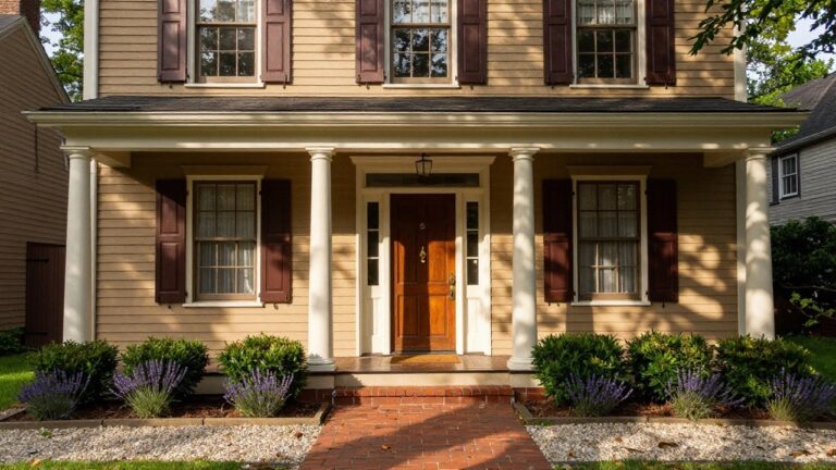 A two-story beige colonial house with dark shutters, white trim, wooden front door, brick walkway, lavender bushes, and boxwoods in the front yard.