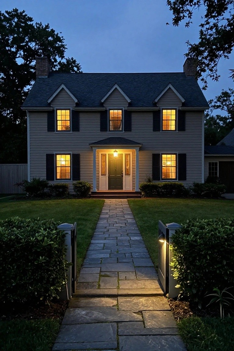 Tan colonial house exterior at dusk with black shutters, green front door, lit windows, stone pathway, and boxwood shrubs.
